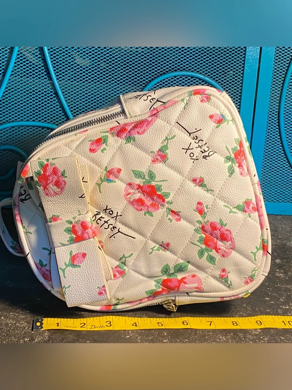 Adorable Betsey Johnson small back pack,white quilted,pink floral/logo print